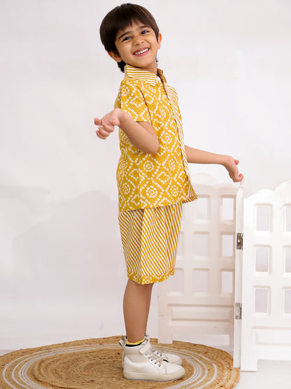 Cuddly Cubs Boys Yellow Bandhani Print Cotton Shirt and Shorts Co-ord Set