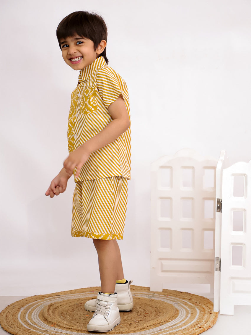 Cuddly Cubs Boys Yellow Bandhani Print Cotton Shirt and Shorts Co-ord Set