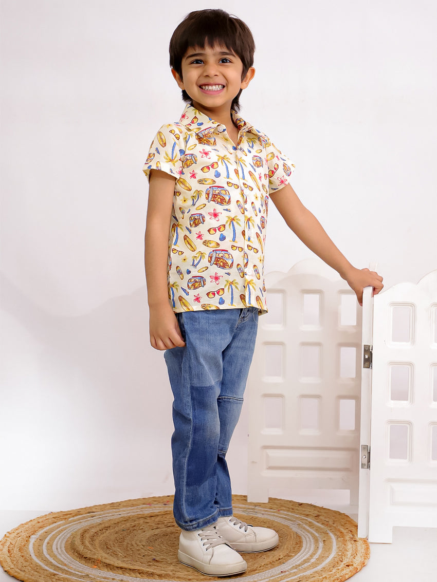 Cuddly Cubs Boys Cream Vacation Print Cotton Casual Shirt