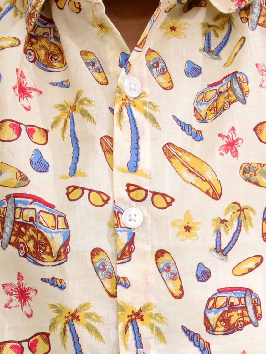 Cuddly Cubs Boys Cream Vacation Print Cotton Casual Shirt
