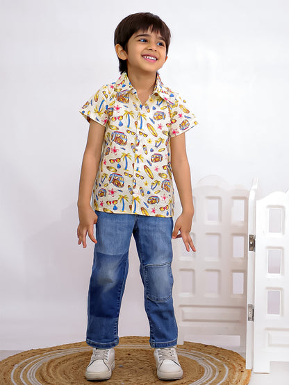 Cuddly Cubs Boys Cream Vacation Print Cotton Casual Shirt