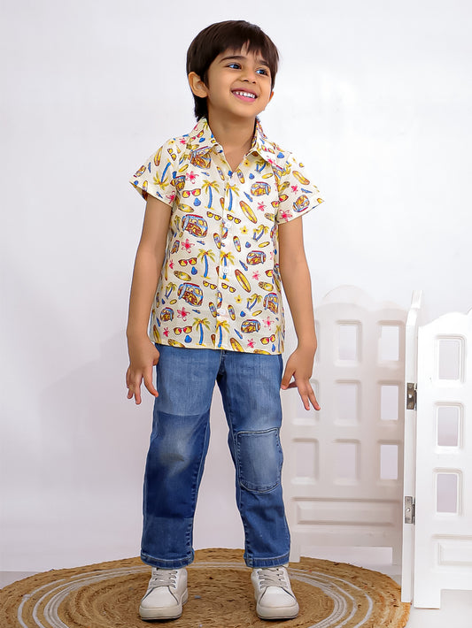 Cuddly Cubs Boys Cream Vacation Print Cotton Casual Shirt