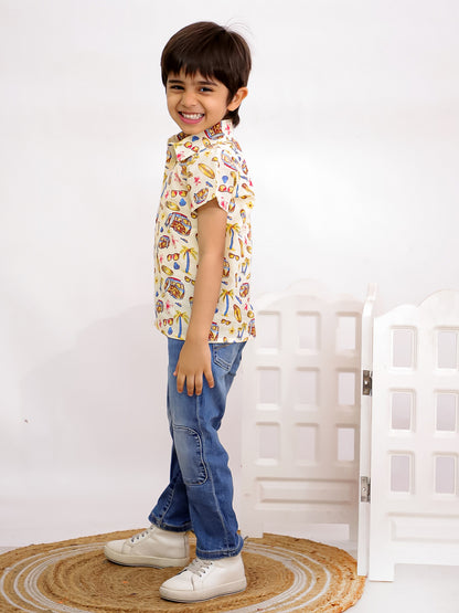 Cuddly Cubs Boys Cream Vacation Print Cotton Casual Shirt