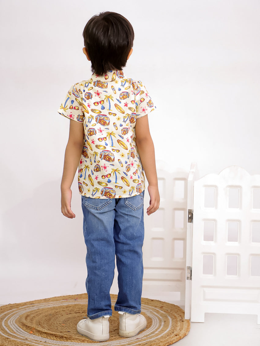 Cuddly Cubs Boys Cream Vacation Print Cotton Casual Shirt