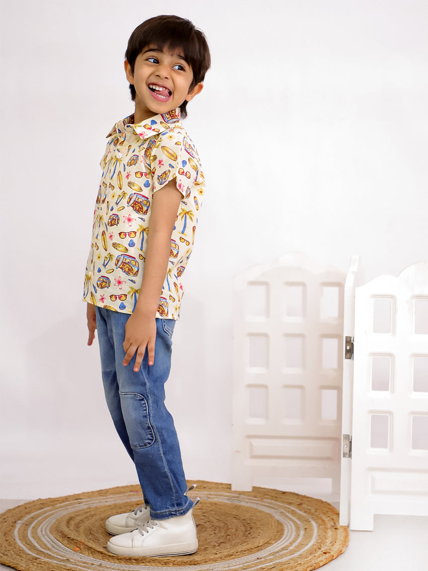 Cuddly Cubs Boys Cream Vacation Print Cotton Casual Shirt