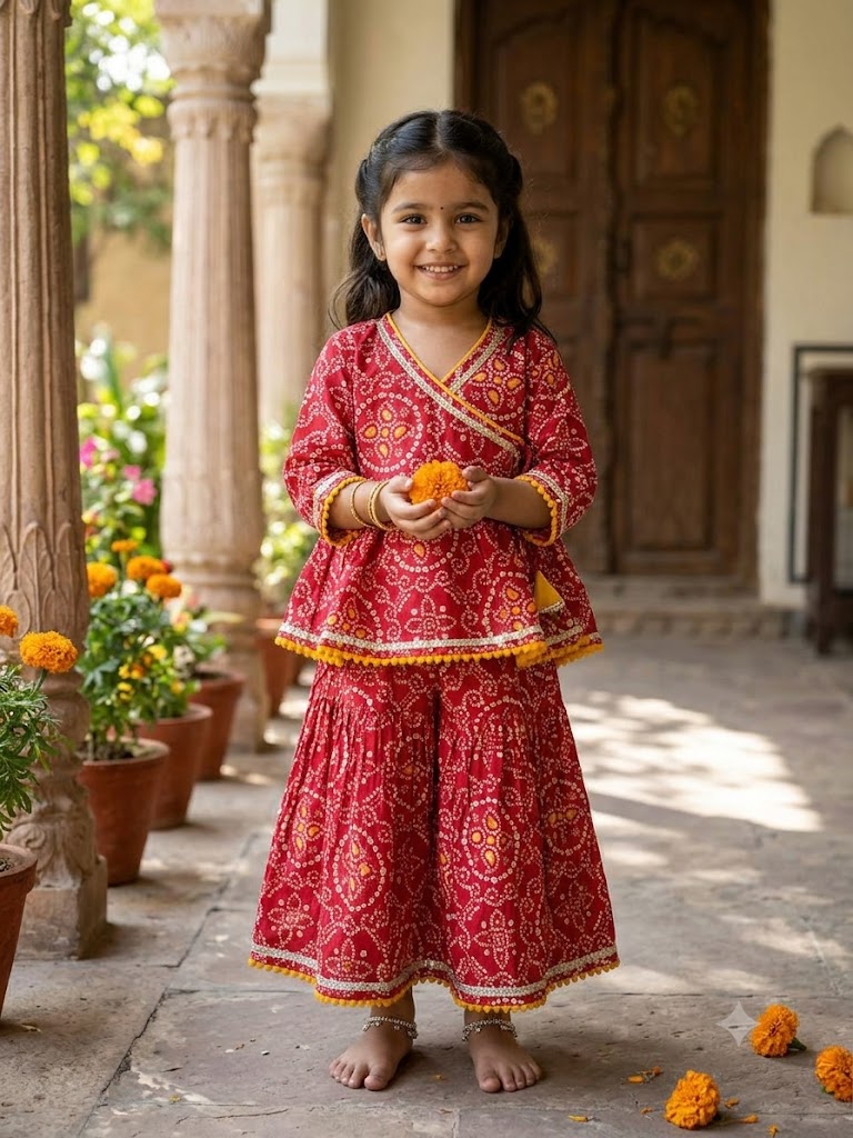 Cuddly Cubs Girls Red Bandhani Angrakha Skirt Set