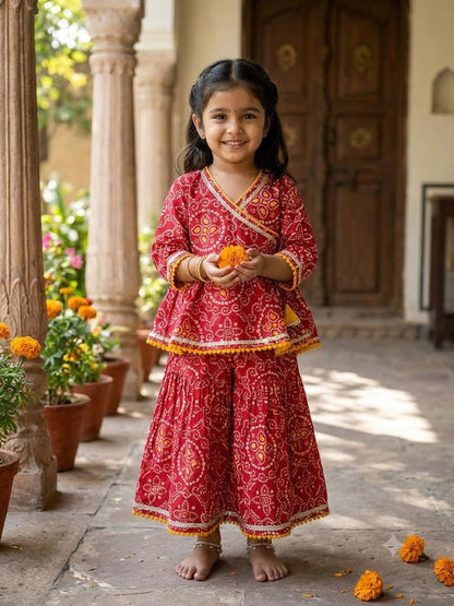 Cuddly Cubs Girls Red Bandhani Angrakha Skirt Set