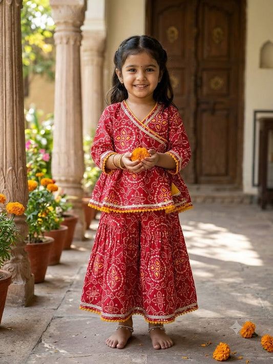 Cuddly Cubs Girls Red Bandhani Angrakha Skirt Set
