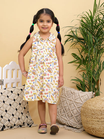 Cuddly Cubs Girls Cream Vacation Print Sleeveless Dress with Peter Pan Collar