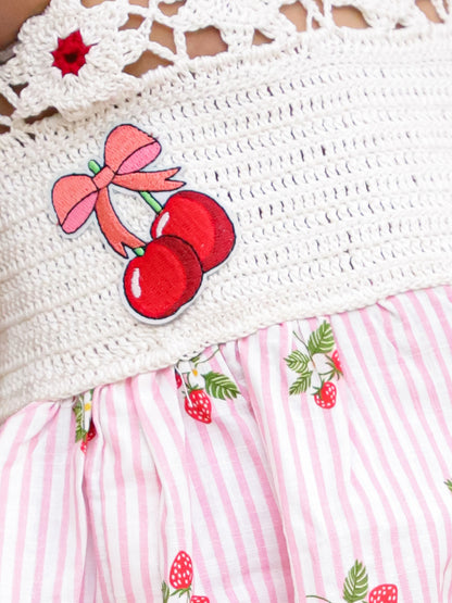 Cuddly Cubs Girls Pink Striped Dress with Handcrafted Crochet Bodice and Cherries