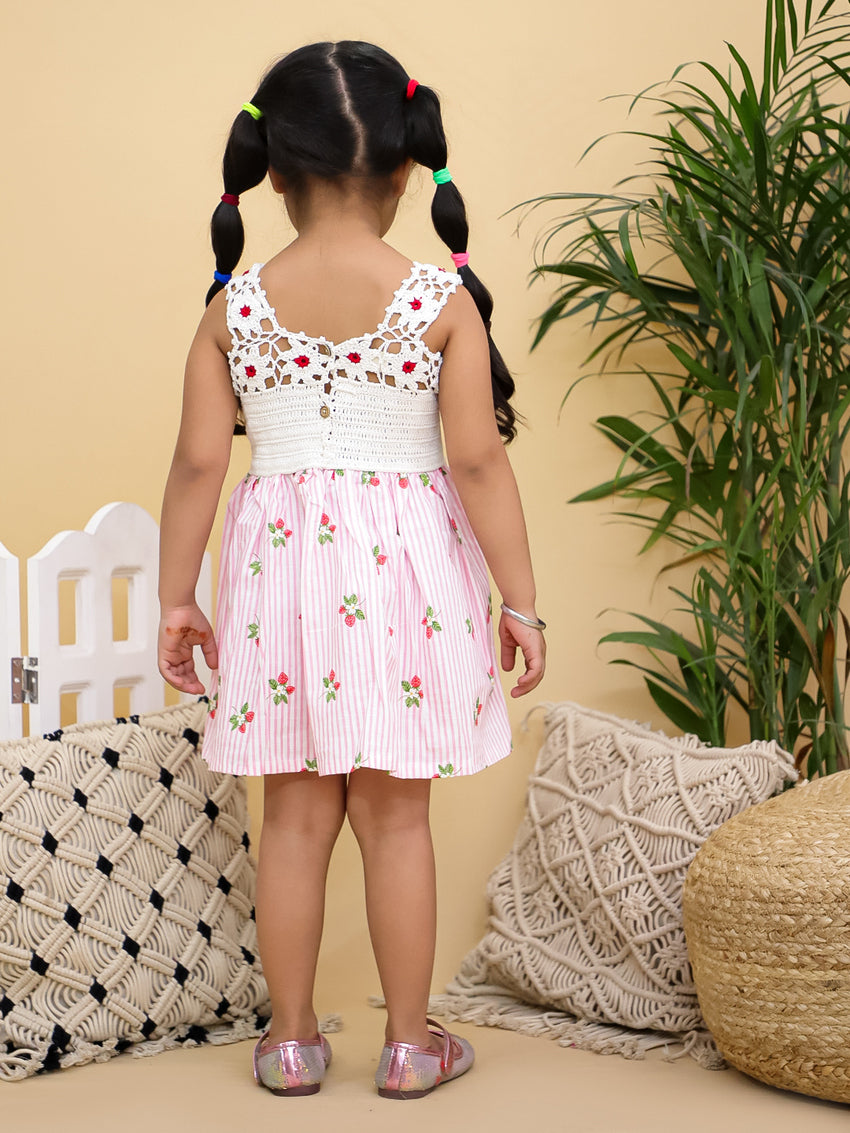 Cuddly Cubs Girls Pink Striped Dress with Handcrafted Crochet Bodice and Cherries