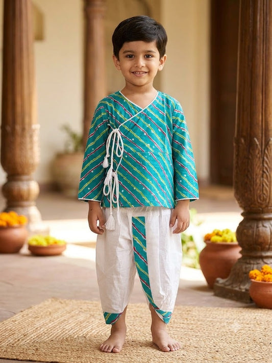 Cuddly Cubs Boys Blue Leheriya Print Dhoti Kurta Set
