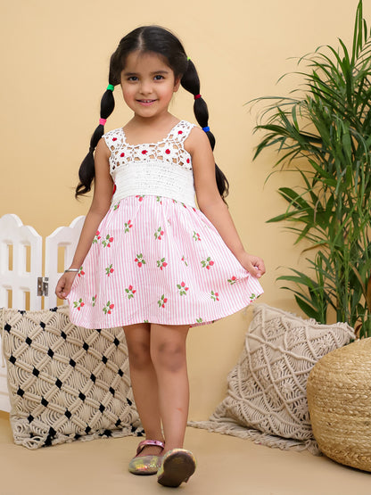 Cuddly Cubs Girls Pink Striped Dress with Handcrafted Crochet Bodice and Cherries