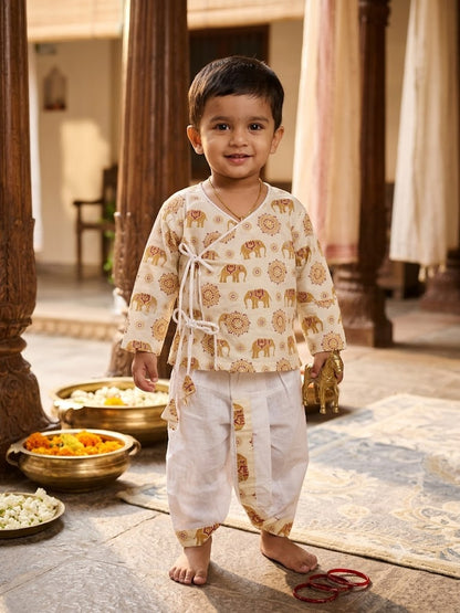Cuddly Cubs Boys Beige Elephant printed Dhoti Kurta Set
