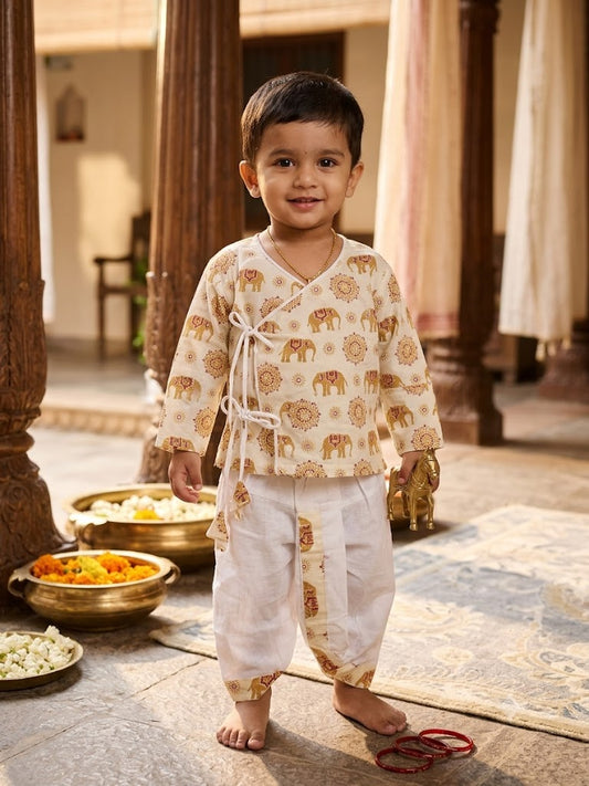 Cuddly Cubs Boys Beige Elephant printed Dhoti Kurta Set