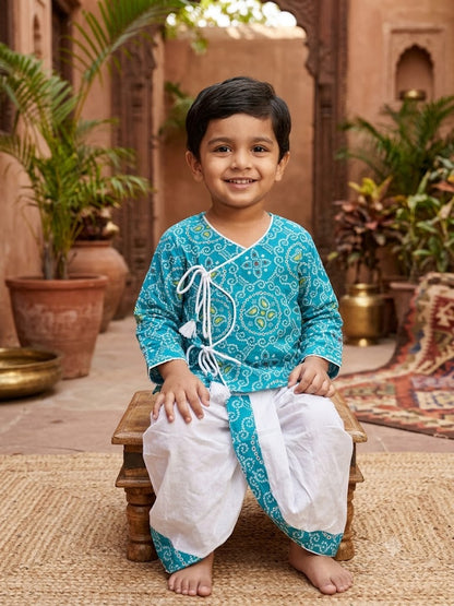Cuddly Cubs Boys Blue Bandhani Print Dhoti Kurta Set