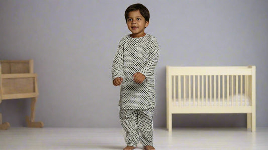 Black Diamond Kurta cum Co-ord Set: Boy cub standing