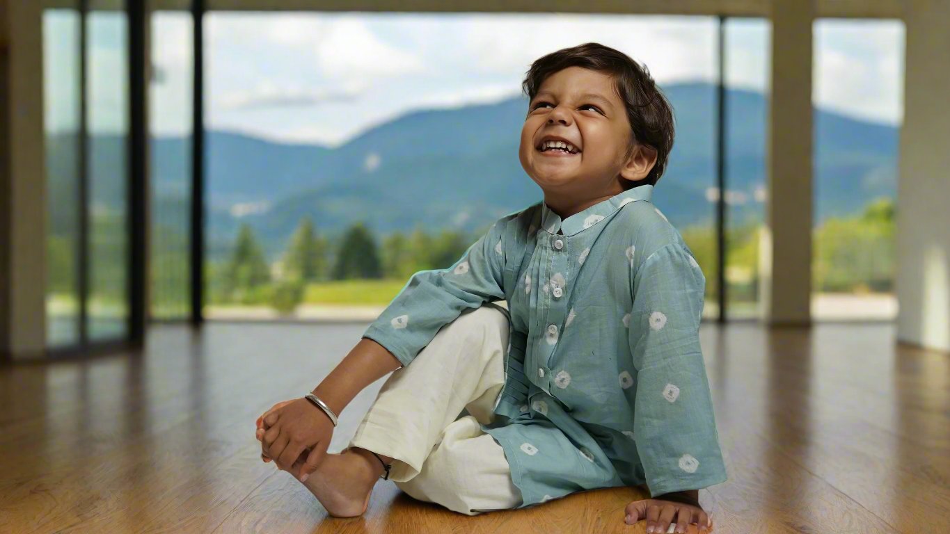 Cloudy Grey Pleats Kurta Set : Boy cub laughing