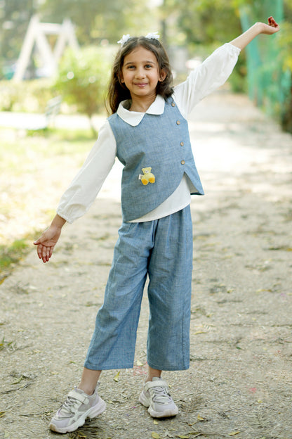 Cuddly Cubs Indigo Blossom Denim Co-ord Set with White Collared Top