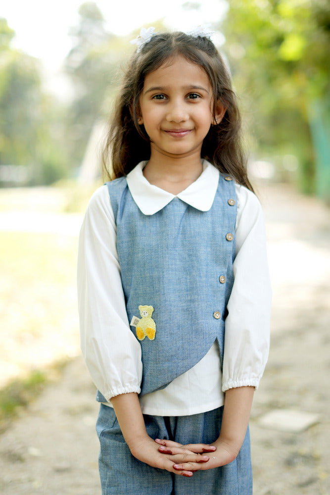 Cuddly Cubs Indigo Blossom Denim Co-ord Set with White Collared Top