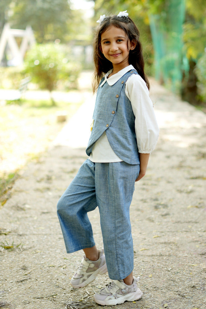 Cuddly Cubs Indigo Blossom Denim Co-ord Set with White Collared Top