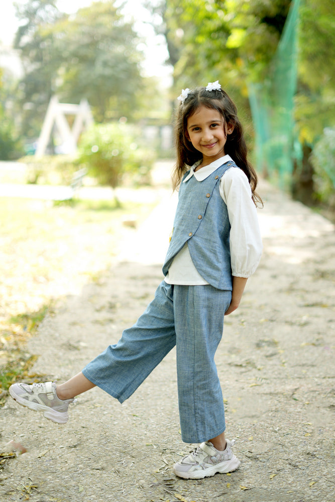 Cuddly Cubs Indigo Blossom Denim Co-ord Set with White Collared Top