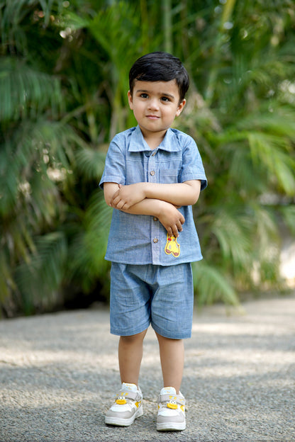 Cuddly Cubs Indigo Giraffe Cotton Denim Shirt Short Set