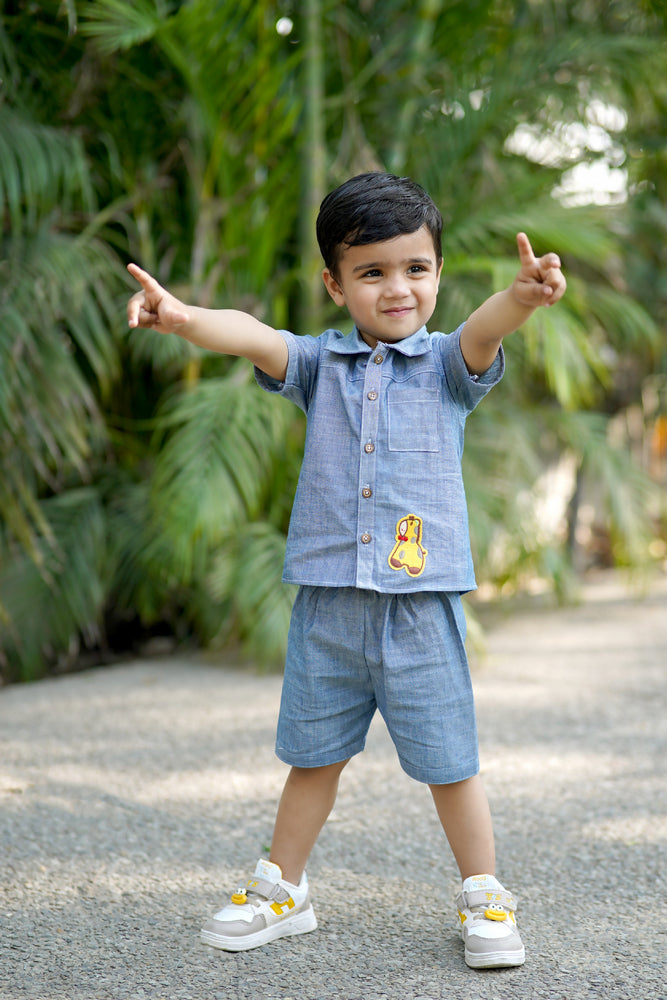 Cuddly Cubs Indigo Giraffe Cotton Denim Shirt Short Set