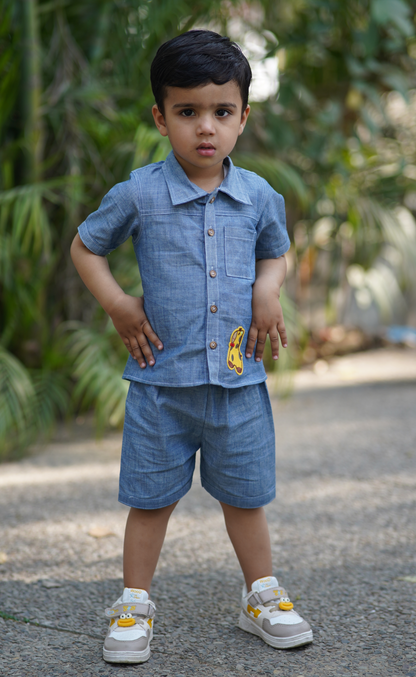Cuddly Cubs Indigo Giraffe Cotton Denim Shirt Short Set