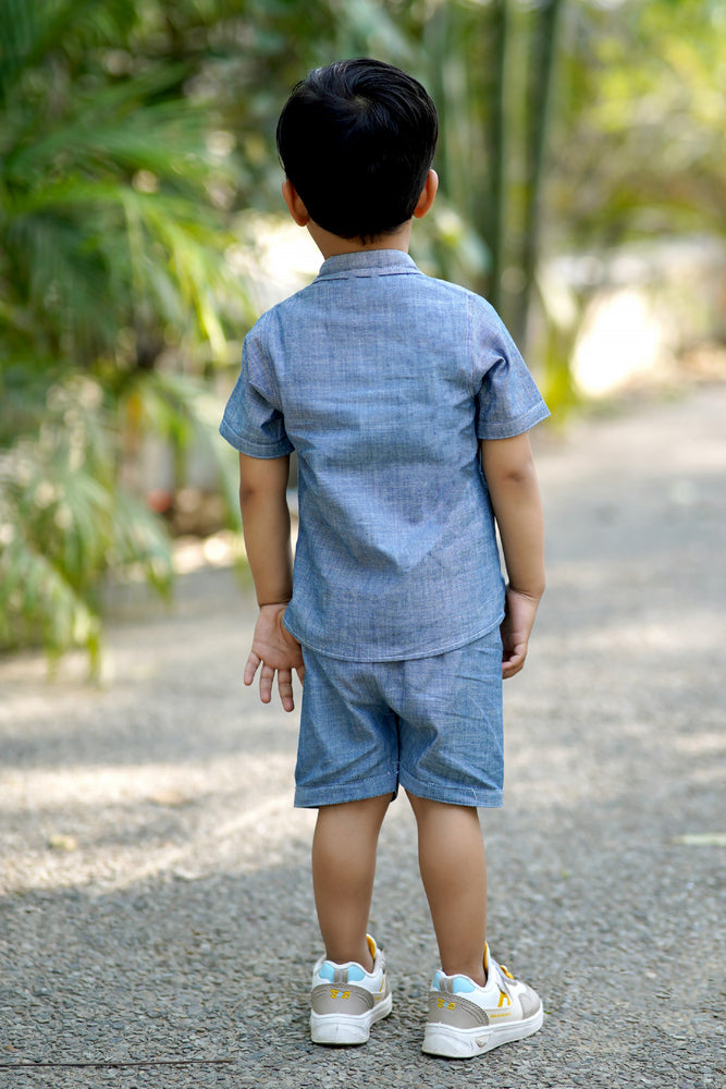 Cuddly Cubs Indigo Giraffe Cotton Denim Shirt Short Set