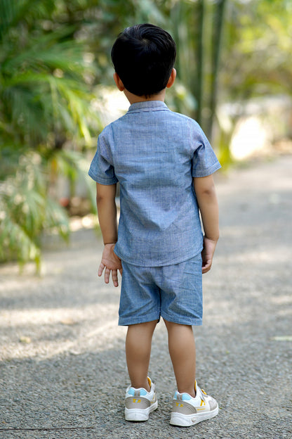Cuddly Cubs Indigo Giraffe Cotton Denim Shirt Short Set