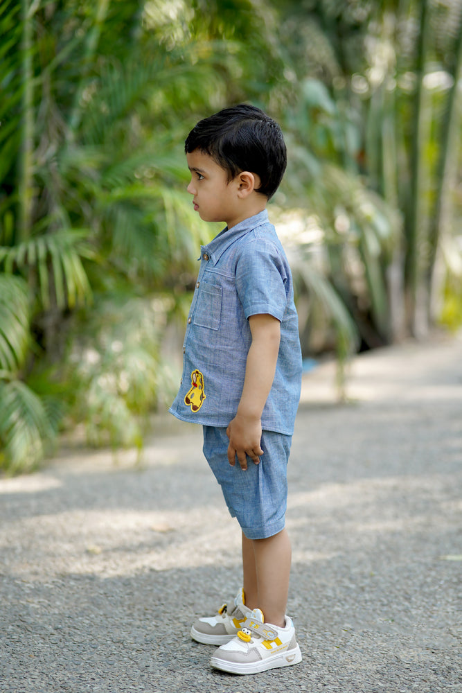Cuddly Cubs Indigo Giraffe Cotton Denim Shirt Short Set