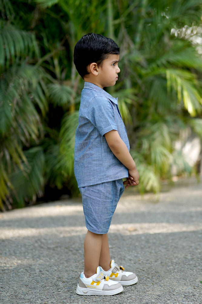 Cuddly Cubs Indigo Giraffe Cotton Denim Shirt Short Set