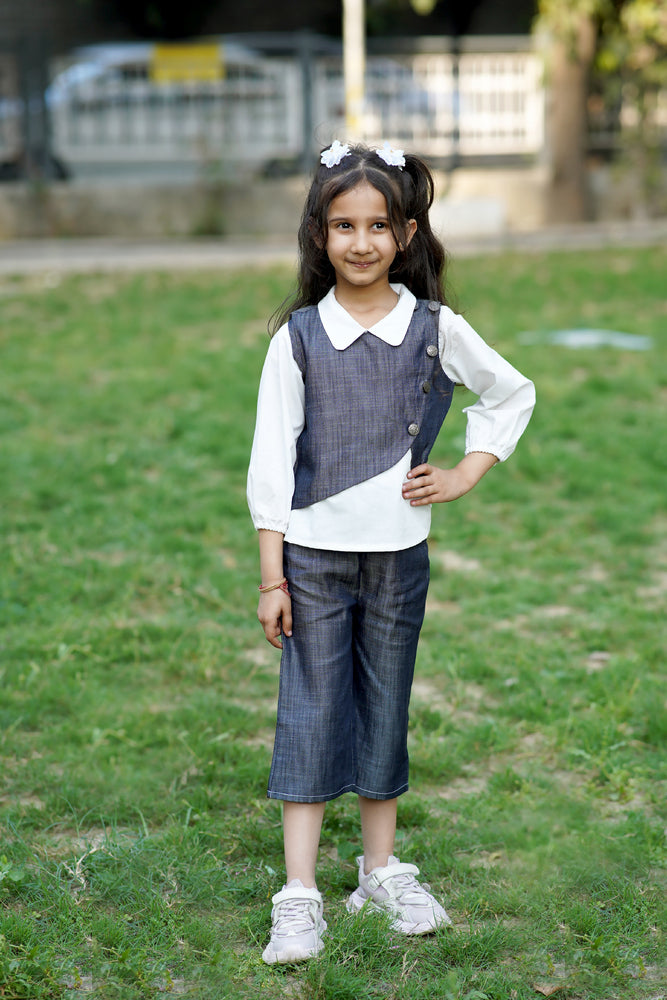Cuddly Cubs Midnight Bloom Cotton Denim Co-ord Set with White Collared Top