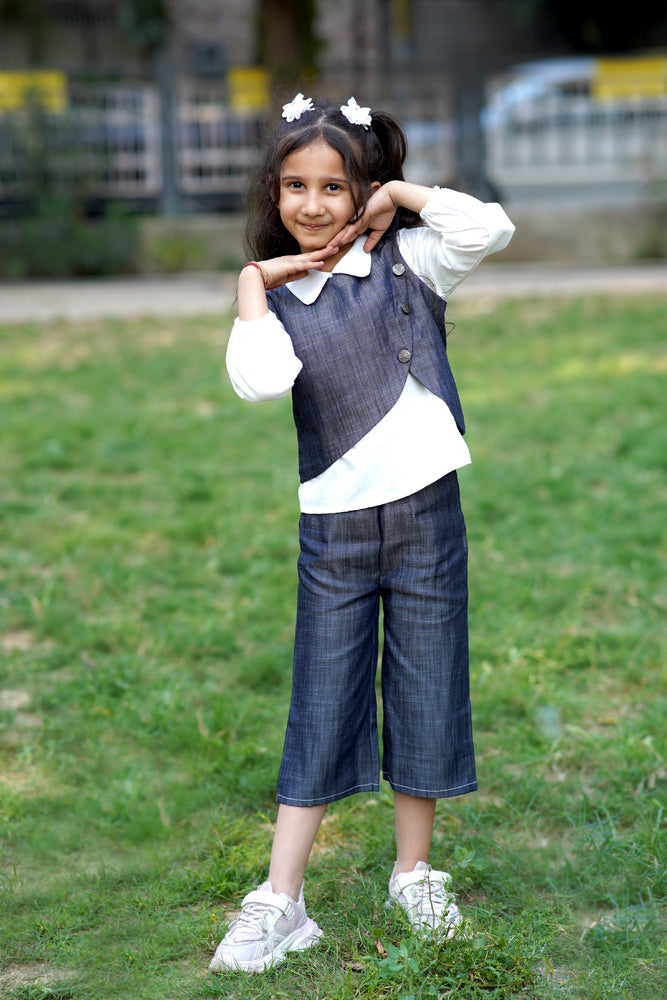 Cuddly Cubs Midnight Bloom Cotton Denim Co-ord Set with White Collared Top