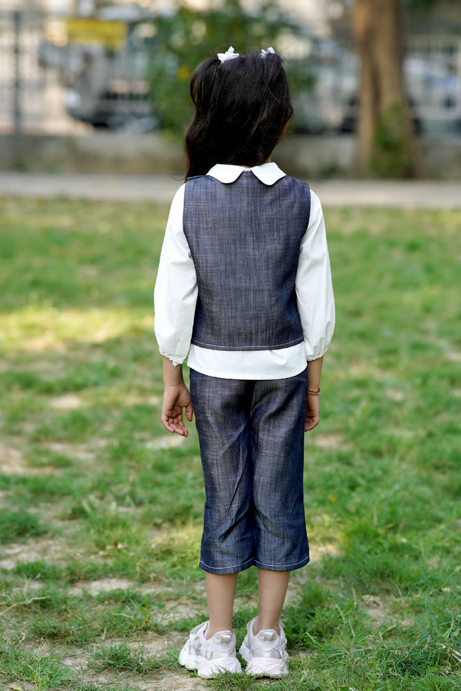 Cuddly Cubs Midnight Bloom Cotton Denim Co-ord Set with White Collared Top