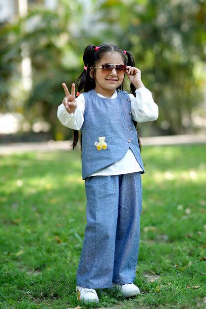 Cuddly Cubs Indigo Blossom Denim Co-ord Set with White Collared Top