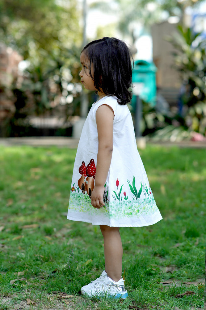 Cuddly Cubs Mushroom Meadow Hand Painted A Line Dress