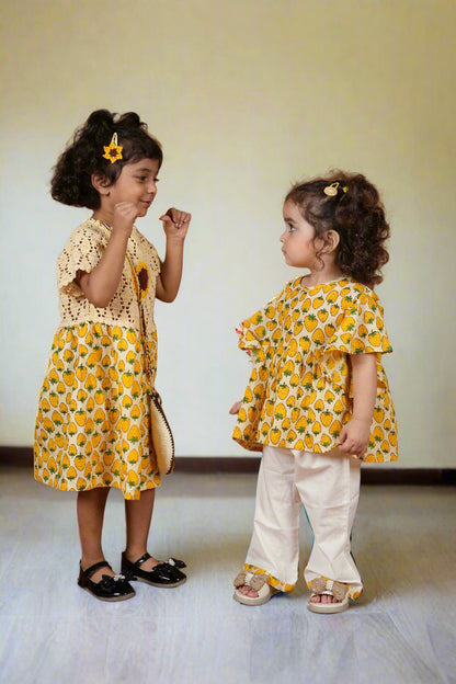 Sunshine Sisters Twinning Set| Co-ord Set & Frock for Girls