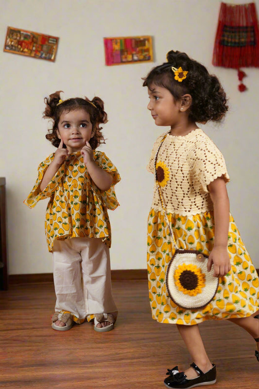 Sunshine Sisters Twinning Set| Co-ord Set & Frock for Girls