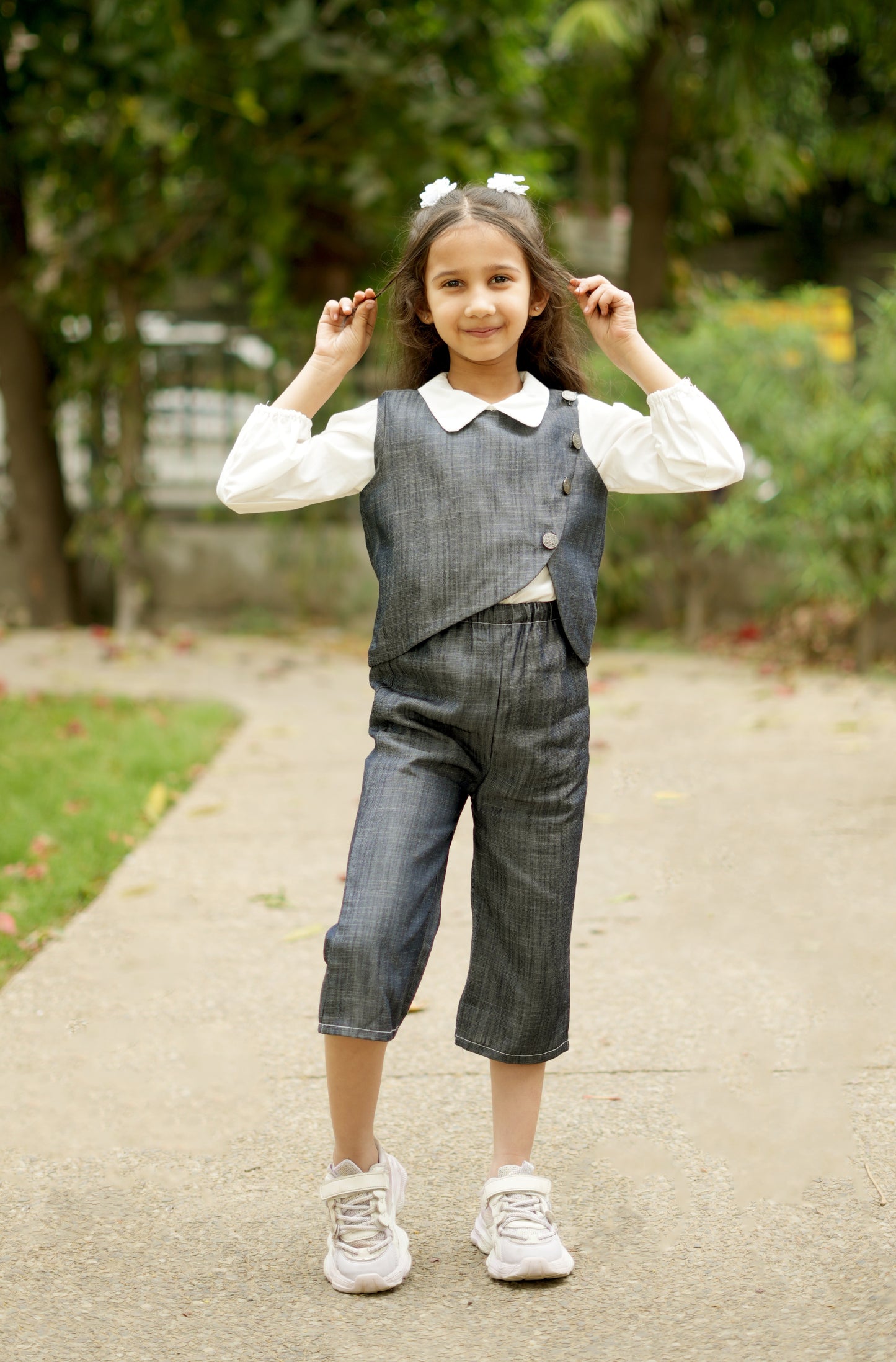 Cuddly Cubs Midnight Bloom Cotton Denim Co-ord Set with White Collared Top