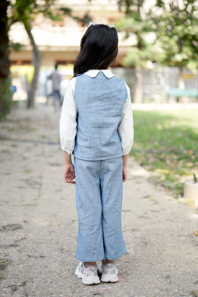 Cuddly Cubs Indigo Blossom Denim Co-ord Set with White Collared Top