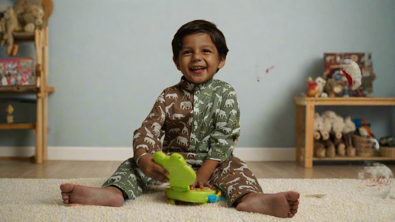 Dual Tone Safari Kurta cum Co-ord Set: Boy cub playing with toy