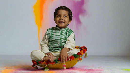Forest Green Tie-Dye Jacket Set (with Kurta Pyjama): Boy Cub Sitting