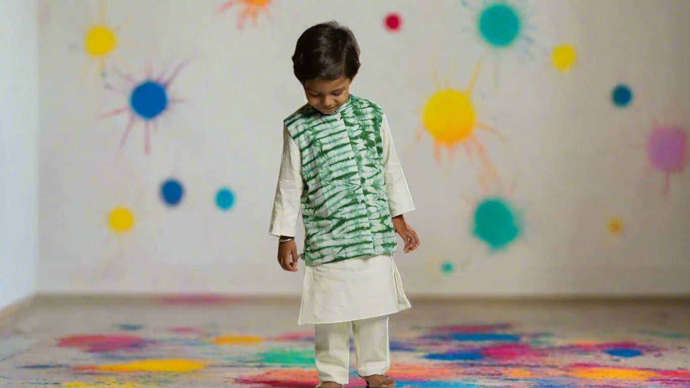 Forest Green Tie-Dye Jacket Set (with Kurta Pyjama): Boy cub shying away