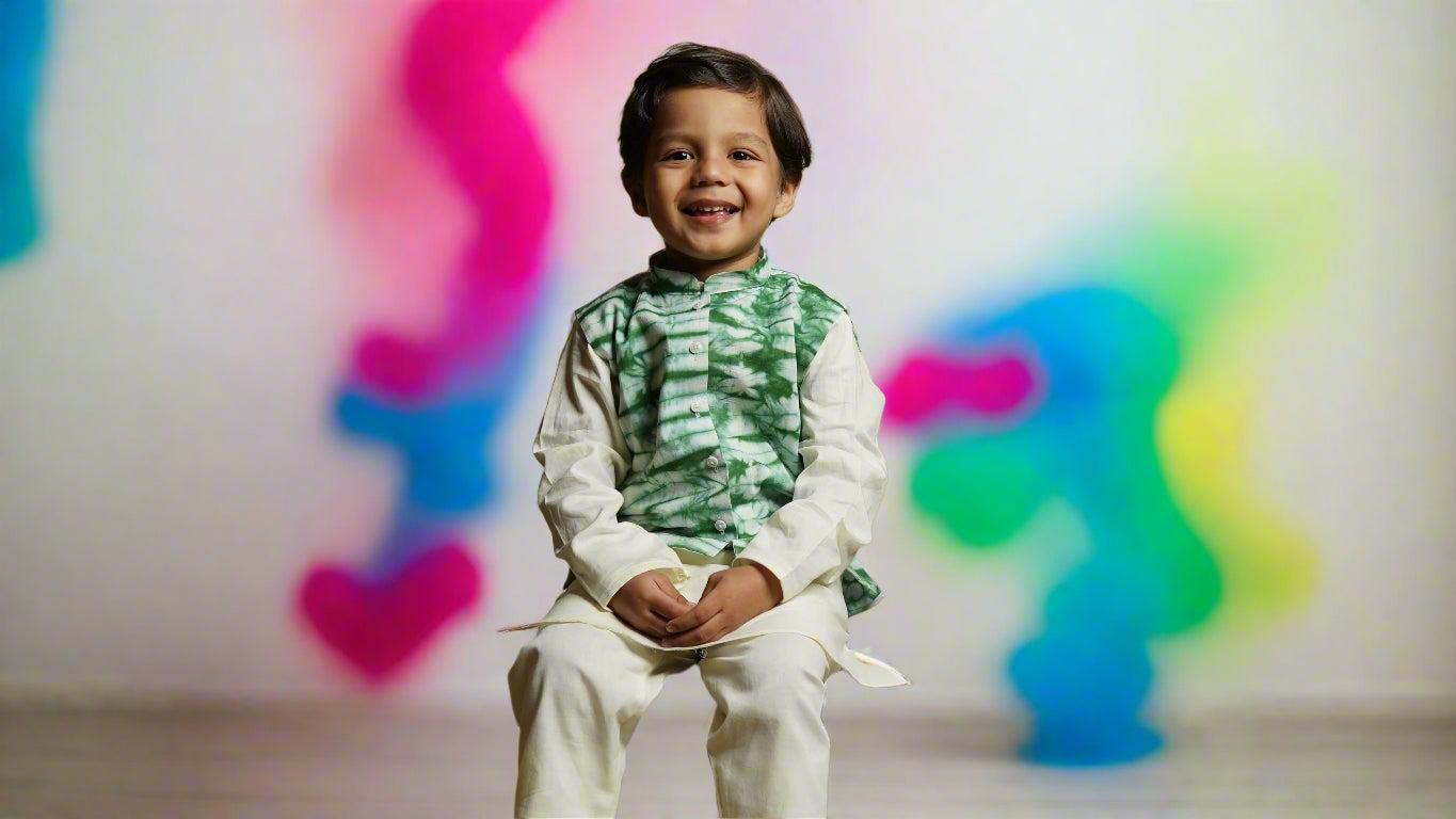 Forest Green Tie-Dye Jacket Set (with Kurta Pyjama): Boy Cub Sitting
