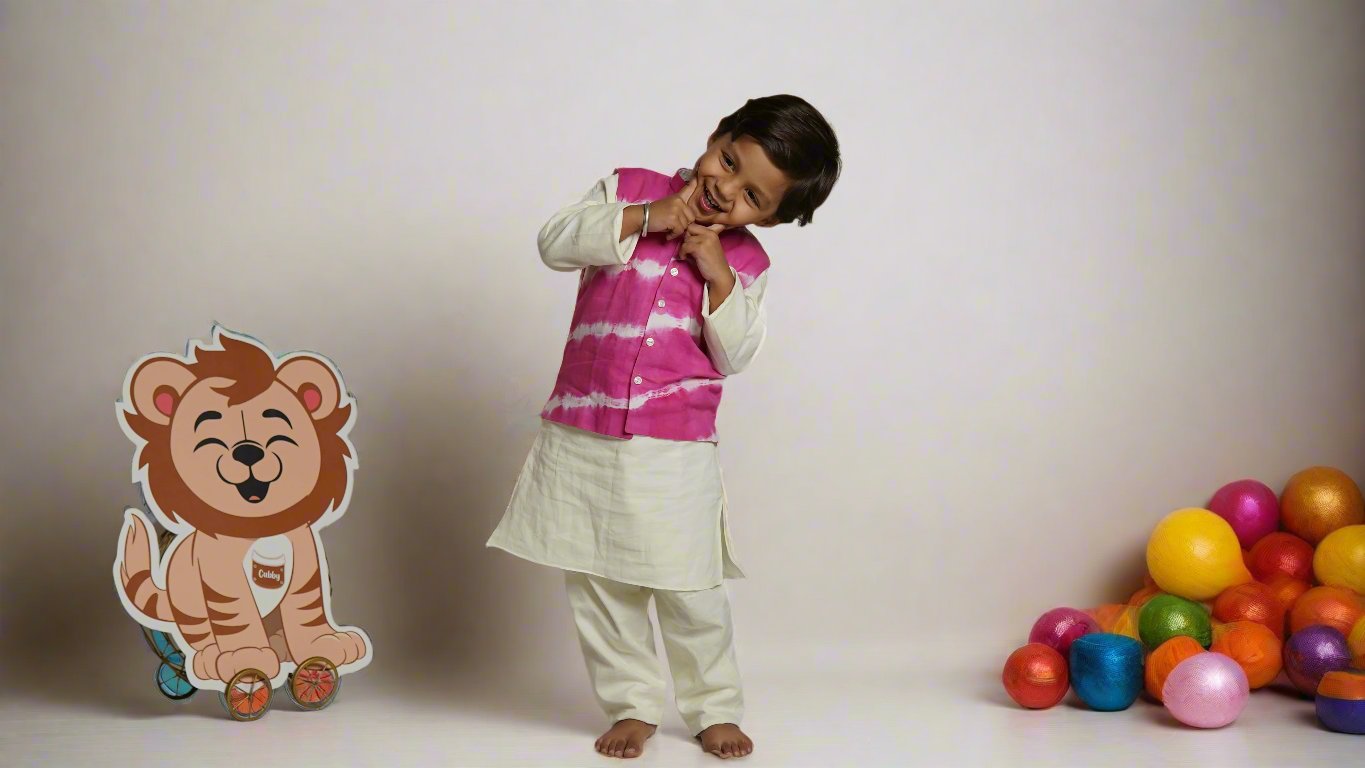Hot Pink Tie-Dye Jacket Set (With Kurta Pajama):Boy Cub Smiling