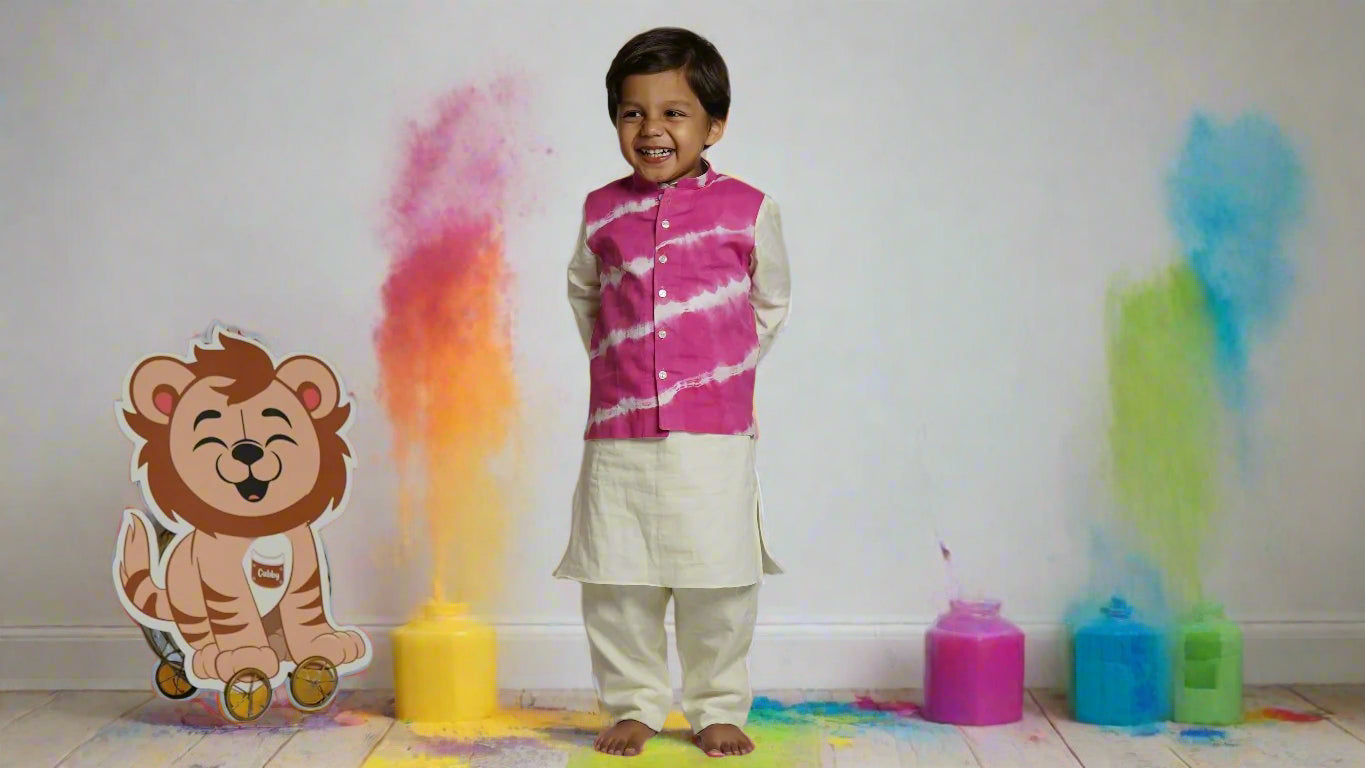 Hot Pink Tie-Dye Jacket Set (With Kurta Pajama):Baby Cub Grinning