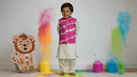 Hot Pink Tie-Dye Jacket Set (With Kurta Pajama):Baby Cub Grinning