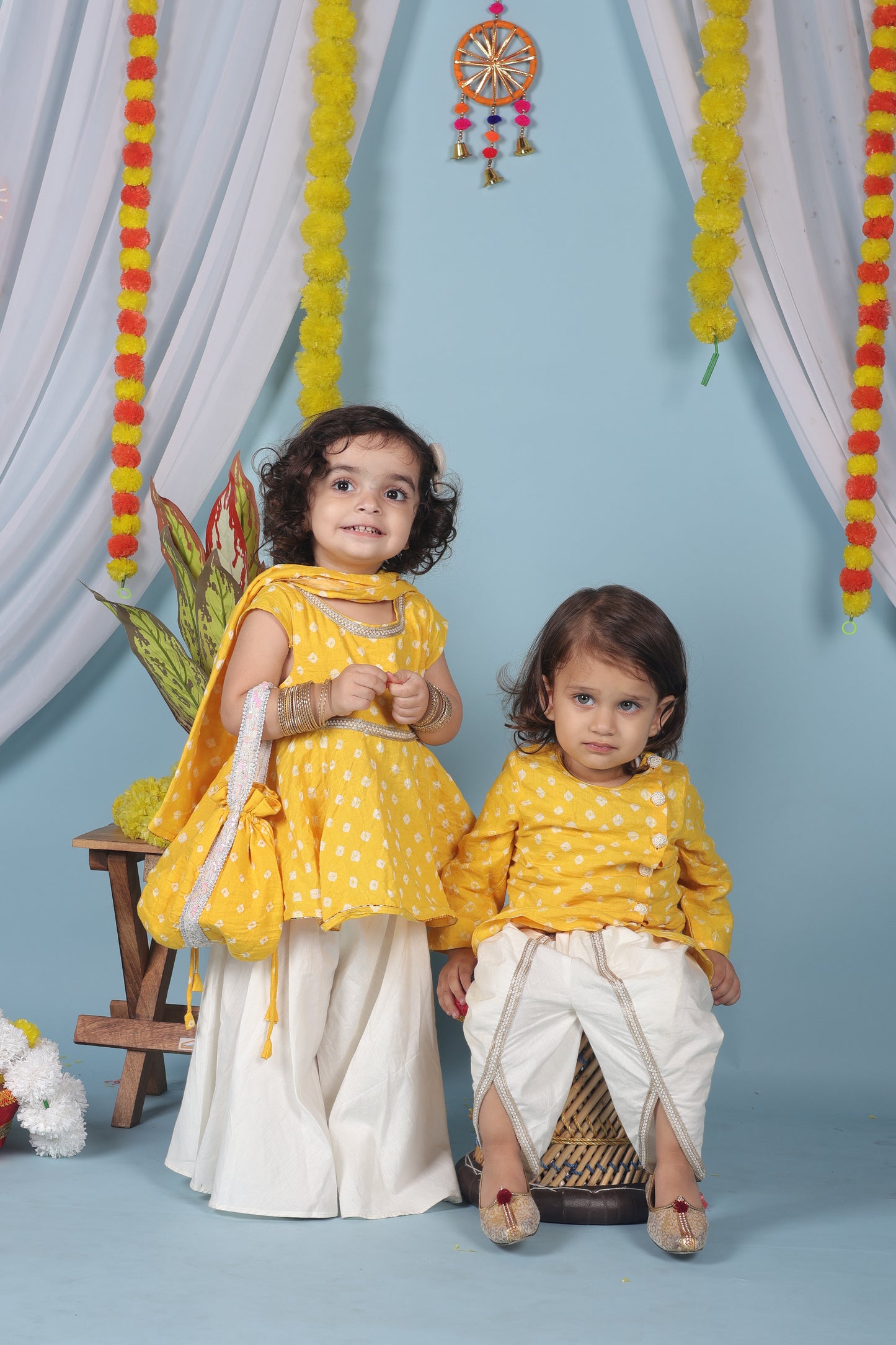 Golden Glow Twinning Set| Kurta Dhoti for Boys & Sharara set for Girls